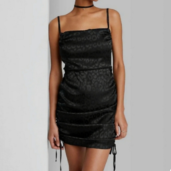 Wild Fable Black Satin Sleeveless Ruched Side Bodycon Mini Dress Size M - Picture 1 of 4